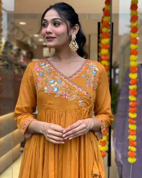 Orange Angrakha-Style Embroidered Kurti Set with Chanderi Dupatta At Best Price 3 Piece Kurti Set