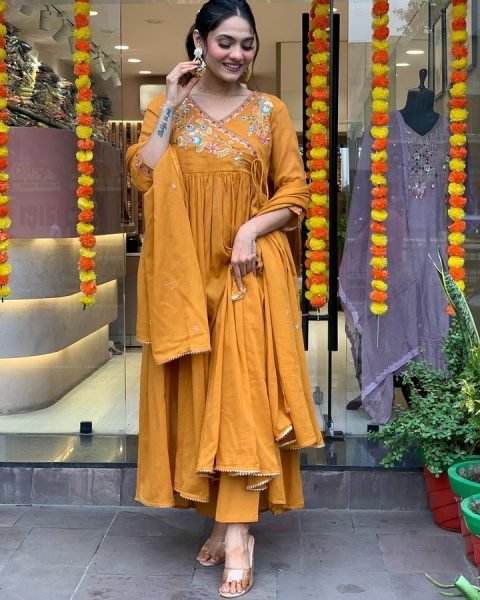Orange Angrakha-Style Embroidered Kurti Set with Chanderi Dupatta At Best Price 3 Piece Kurti Set
