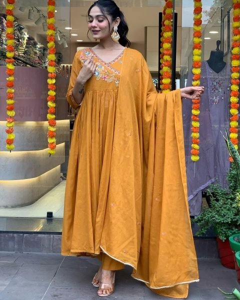 Orange Angrakha-Style Embroidered Kurti Set with Chanderi Dupatta At Best Price 3 Piece Kurti Set