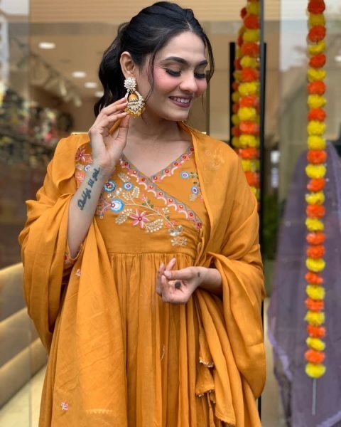 Orange Angrakha-Style Embroidered Kurti Set with Chanderi Dupatta At Best Price 3 Piece Kurti Set