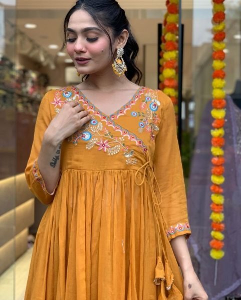 Orange Angrakha-Style Embroidered Kurti Set with Chanderi Dupatta At Best Price 3 Piece Kurti Set