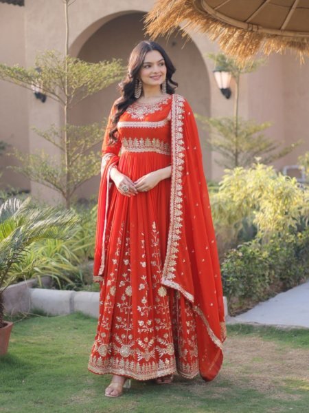 Orange Blooming Gown Set With Full Sleeves And Embroidered Work For Ethnic Anarkali Wear 
