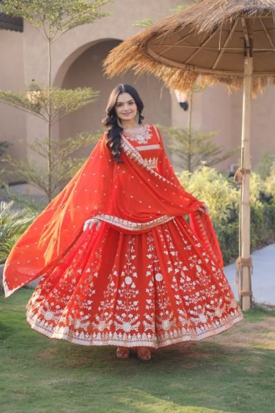 Orange Blooming Gown Set With Full Sleeves And Embroidered Work For Ethnic Anarkali Wear Ready To Wear Collection
