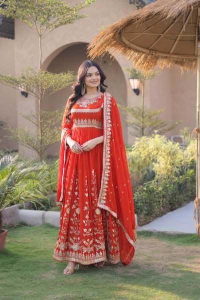 Orange Blooming Gown Set With Full Sleeves And Embroidered Work For Ethnic Anarkali Wear Ready To Wear Collection