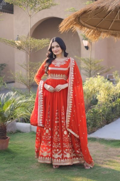 Orange Blooming Gown Set With Full Sleeves And Embroidered Work For Ethnic Anarkali Wear Ready To Wear Collection