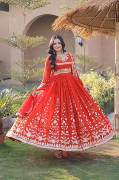 Orange Blooming Gown Set With Full Sleeves And Embroidered Work For Ethnic Anarkali Wear Ready To Wear Collection