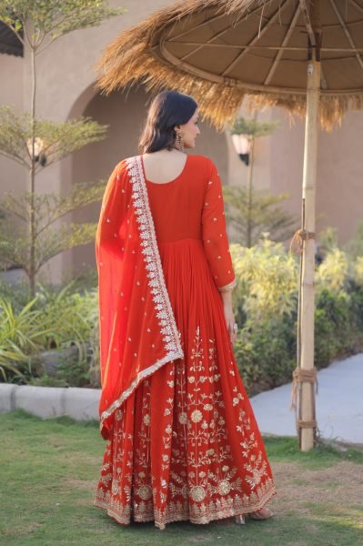 Orange Blooming Gown Set With Full Sleeves And Embroidered Work For Ethnic Anarkali Wear Ready To Wear Collection
