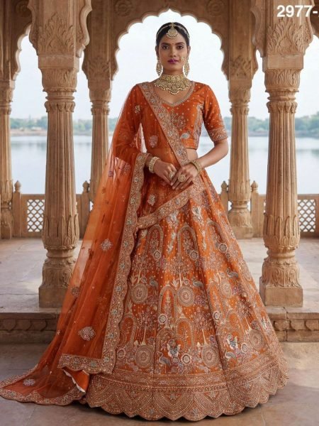 Orange Bridal Lehenga with Zari Dori and Diamond Work at Manufacturer Price Bridal Lehenga Choli