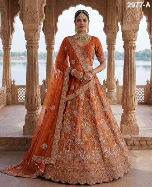 Orange Bridal Lehenga with Zari Dori and Diamond Work at Manufacturer Price Bridal Lehenga Choli