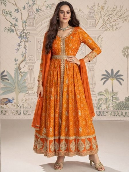 Orange Chinon Silk Anarkali Suit with Embroidery Sequins Coding Work and Nazneen Dupatta Salwar Kameez
