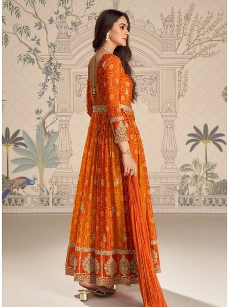 Orange Chinon Silk Anarkali Suit with Embroidery Sequins Coding Work and Nazneen Dupatta Anarakali Gown Wholesale