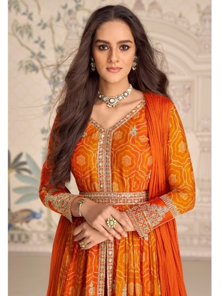 Orange Chinon Silk Anarkali Suit with Embroidery Sequins Coding Work and Nazneen Dupatta Anarakali Gown Wholesale