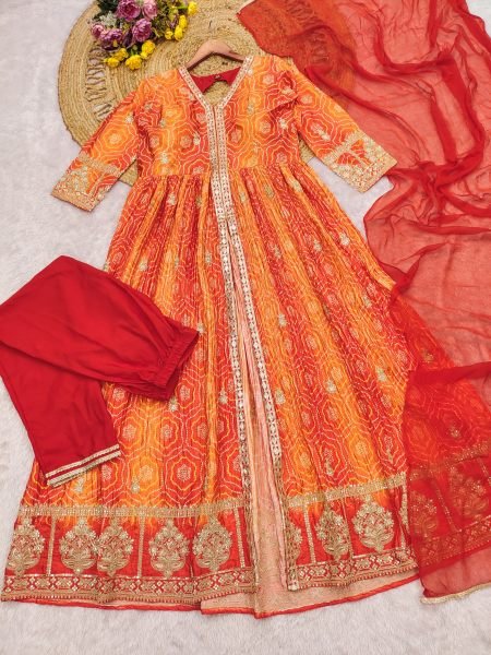 Orange Chinon Silk Anarkali Suit with Embroidery Sequins Coding Work and Nazneen Dupatta Anarakali Gown Wholesale