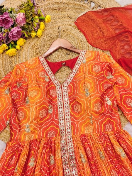 Orange Chinon Silk Anarkali Suit with Embroidery Sequins Coding Work and Nazneen Dupatta Anarakali Gown Wholesale