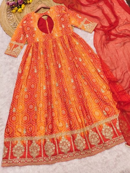 Orange Chinon Silk Anarkali Suit with Embroidery Sequins Coding Work and Nazneen Dupatta Anarakali Gown Wholesale