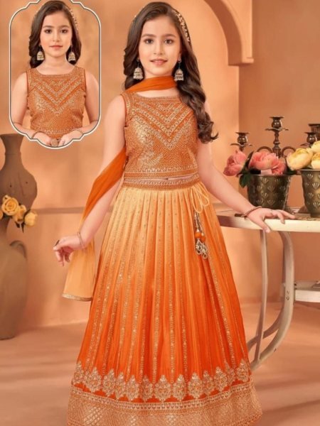 Orange Chinon Silk Lehenga Choli with Sequin Embroidery and Butterfly Net Dupatta for Festive Wear 