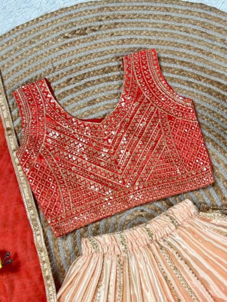 Orange Chinon Silk Lehenga Choli with Sequin Embroidery and Butterfly Net Dupatta for Festive Wear Girls Wear