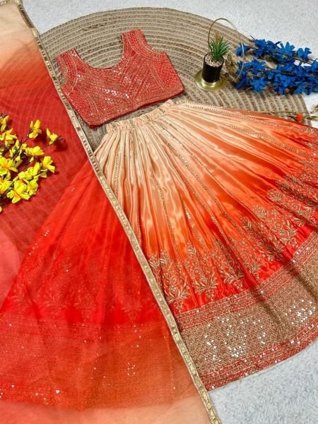 Orange Chinon Silk Lehenga Choli with Sequin Embroidery and Butterfly Net Dupatta for Festive Wear Girls Wear
