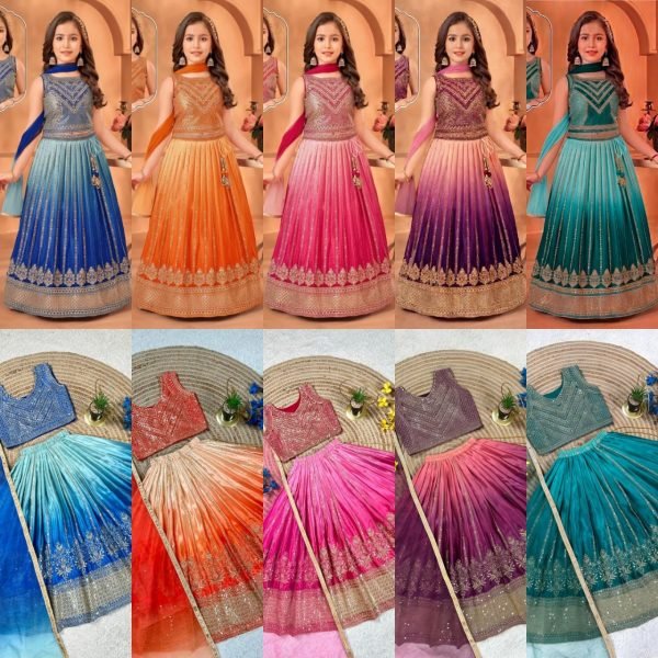 Orange Chinon Silk Lehenga Choli with Sequin Embroidery and Butterfly Net Dupatta for Festive Wear Girls Wear