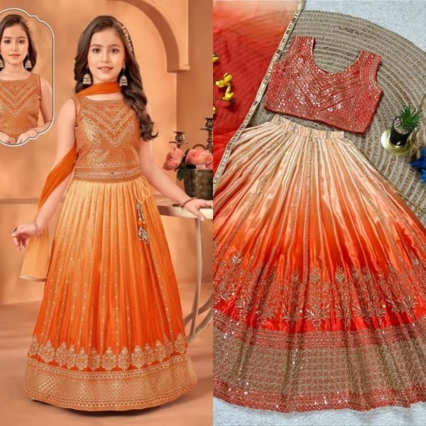 Orange Chinon Silk Lehenga Choli with Sequin Embroidery and Butterfly Net Dupatta for Festive Wear Girls Wear