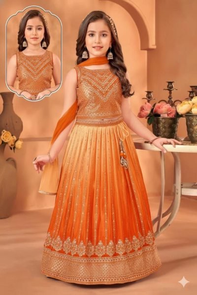 Orange Chinon Silk Lehenga Choli with Sequin Embroidery and Butterfly Net Dupatta for Festive Wear Girls Wear