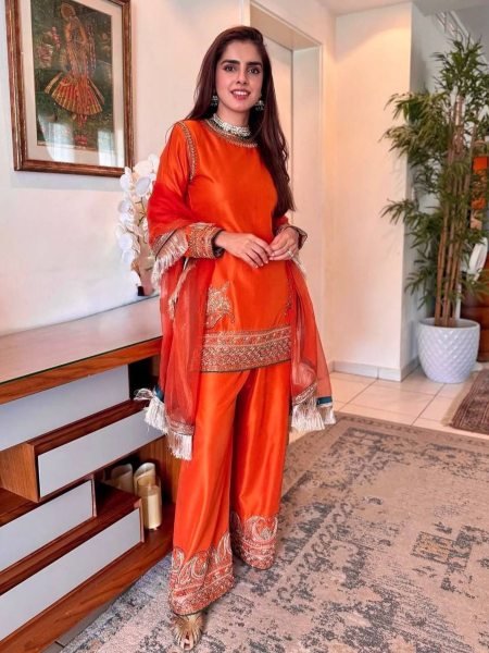 Orange Color Straight Cut Plazzo Suit Set Factory Price Best for Resellers 