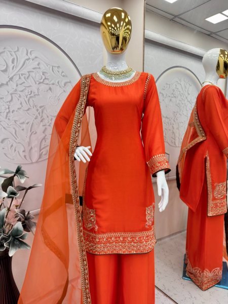 Orange Color Straight Cut Plazzo Suit Set Factory Price Best for Resellers Ready To Wear Collection