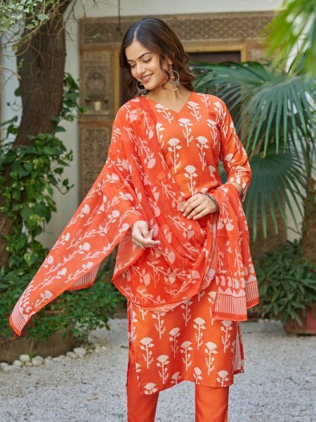 Orange Cotton Blend Printed Kurta Pant Set with Dupatta at wholesale Rate Kurtis