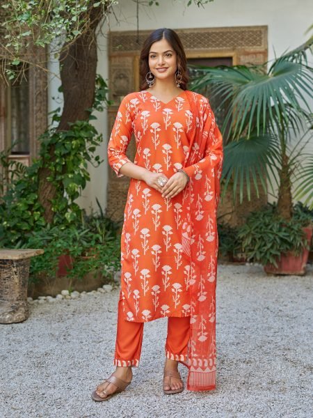 Orange Cotton Blend Printed Kurta Pant Set with Dupatta at wholesale Rate 3 Piece Kurti Set