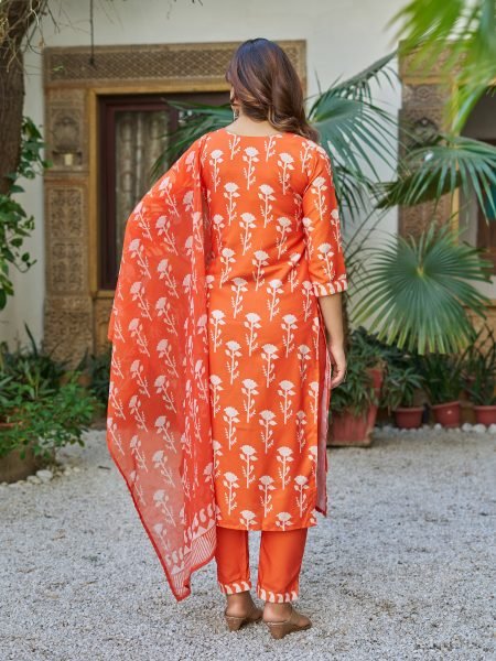 Orange Cotton Blend Printed Kurta Pant Set with Dupatta at wholesale Rate 3 Piece Kurti Set