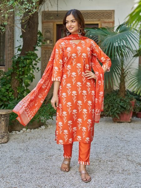 Orange Cotton Blend Printed Kurta Pant Set with Dupatta at wholesale Rate 3 Piece Kurti Set