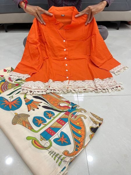 Orange Cotton Co Ord Set with A Cut Top and Designer Pants Stylish Party Wear Kurti With Bottom Wholesale