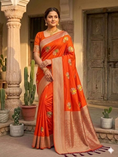 Orange Designer Banarasi Saree with Rich Weaved Pallu and Blouse Piece  Sarees 