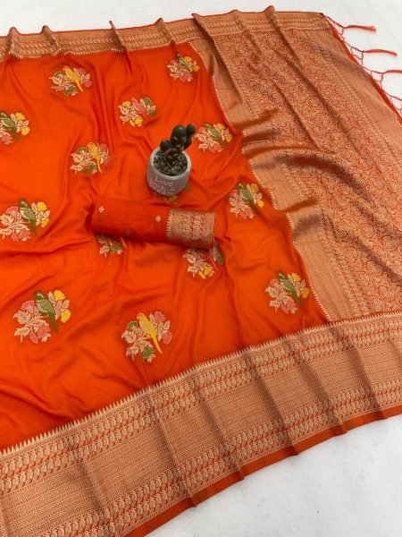 Orange Designer Banarasi Saree with Rich Weaved Pallu and Blouse Piece  Cotton Sarees Wholesale