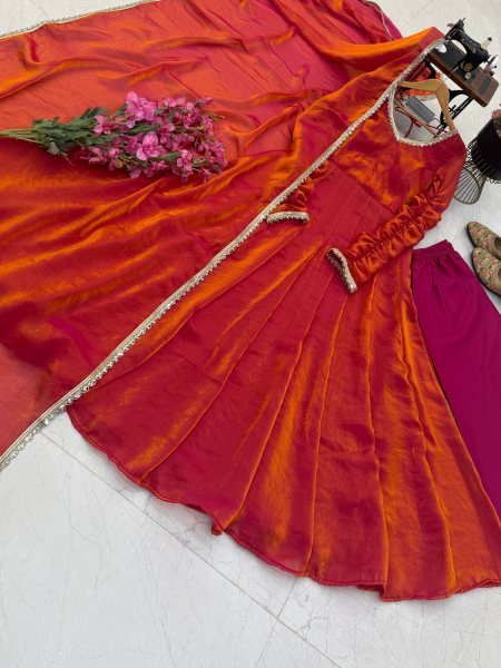 Orange Designer Fendy Silk Gown with Round Dori Neck & Mirror Work at Wholesale Rate Ready To Wear Collection