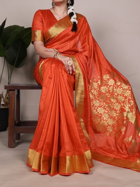 Orange Designer Raw Silk Saree with Rich Zari Weaving Perfect for Weddings Sarees 