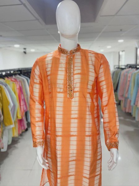 Orange Designer Royal Silk Kurta Pajama Set with Embroidered Neck Ready to Wear for Diwali Celebrations  Kurta Pajama Wholesale