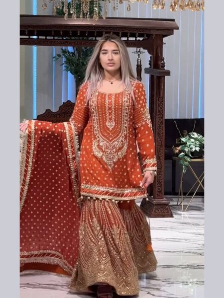 Orange Faux Georgette Sharara Suit with Heavy Embroidery Partywear for Women  Ready To Wear Suit