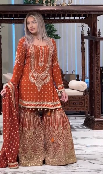 Orange Faux Georgette Sharara Suit with Heavy Embroidery Partywear for Women  Ready To Wear Collection