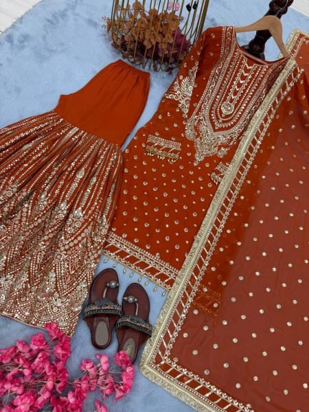Orange Faux Georgette Sharara Suit with Heavy Embroidery Partywear for Women  Ready To Wear Collection
