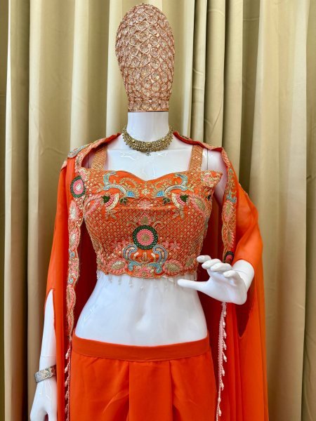 Orange Faux Georgette Embroiderery Lehenga Set with Shrug Designer Party Wear Ready To Wear Collection
