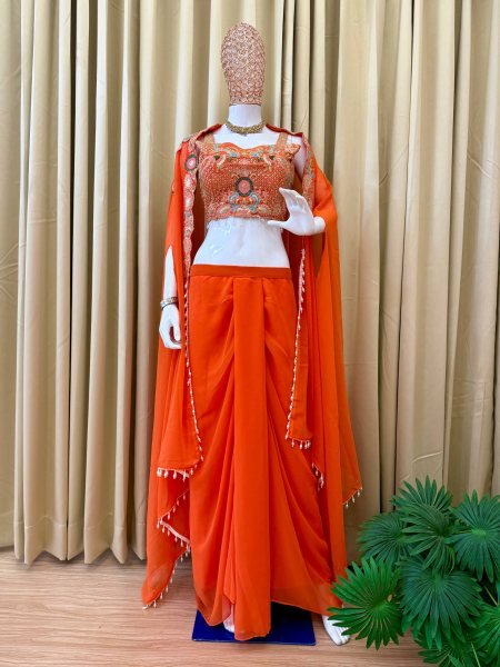 Orange Faux Georgette Embroiderery Lehenga Set with Shrug Designer Party Wear Ready To Wear Collection