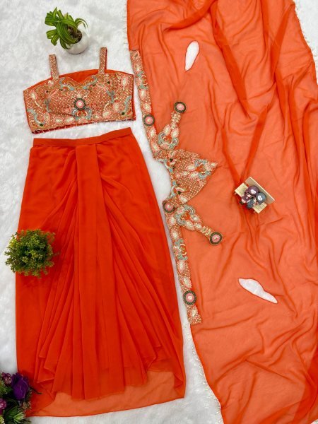 Orange Faux Georgette Embroiderery Lehenga Set with Shrug Designer Party Wear Ready To Wear Collection