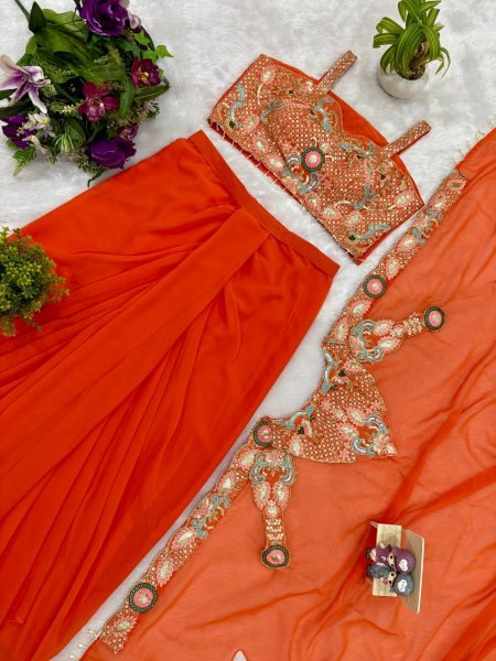 Orange Faux Georgette Embroiderery Lehenga Set with Shrug Designer Party Wear Ready To Wear Collection