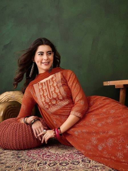Orange Georgette Anarkali Kurta Set with Foil Print & Embroidery For Diwali Printed Kurtis