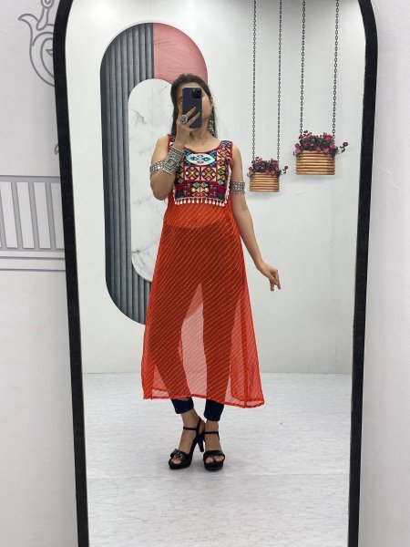 Orange Georgette Bandhej Kedya Top with Mirror Embroidery Designer Garba Outfits Navratri Collection