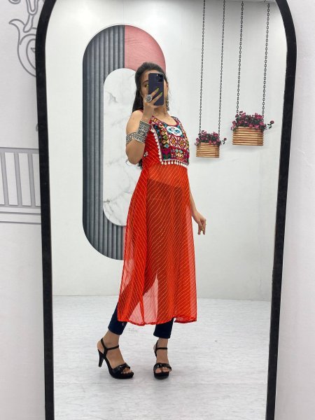 Orange Georgette Bandhej Kedya Top with Mirror Embroidery Designer Garba Outfits Navratri Collection