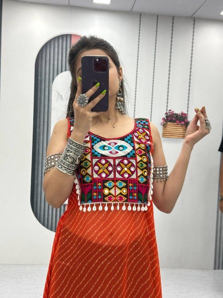 Orange Georgette Bandhej Kedya Top with Mirror Embroidery Designer Garba Outfits Navratri Collection
