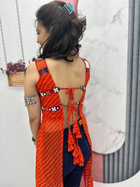 Orange Georgette Bandhej Kedya Top with Mirror Embroidery Designer Garba Outfits Navratri Collection