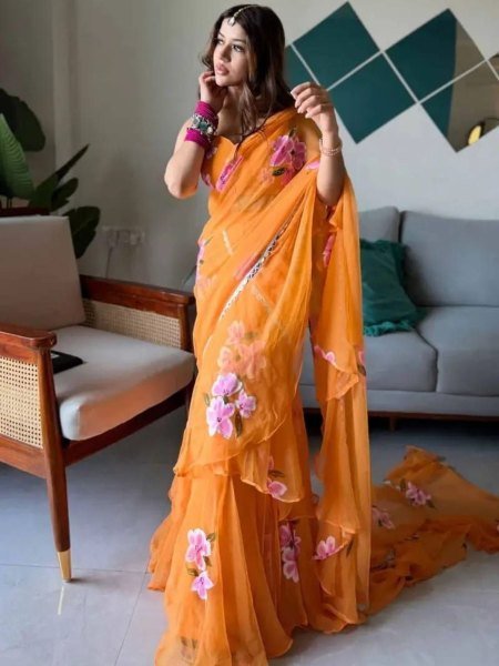Orange Georgette Lehenga Saree with Real Mirror Lace for Wedding Functions Sarees 